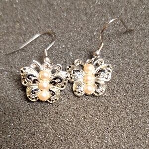 Silver Butterfly Faux Pearl Drop Earrings - Pink Pearls